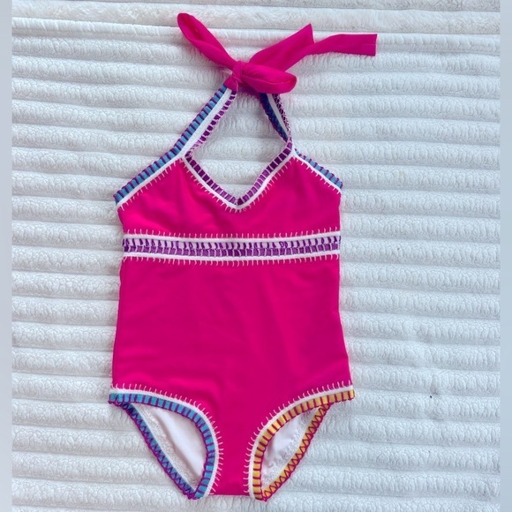 Pink Platinum Swimsuit with Purple and White Trim